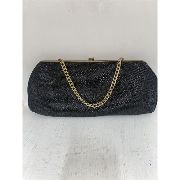 Vintage 50s 60s Black Purse Evening Clutch Bag Folding Chain Handle Straw Outer - Picture 1 of 10